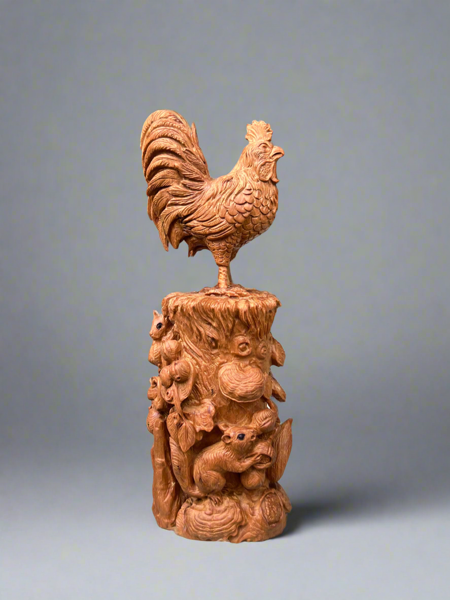 Sandalwood Lucky Chinese Chicken Statue.