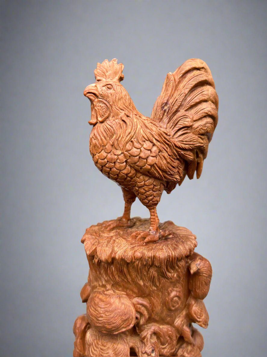 Sandalwood Lucky Chinese Chicken Statue.