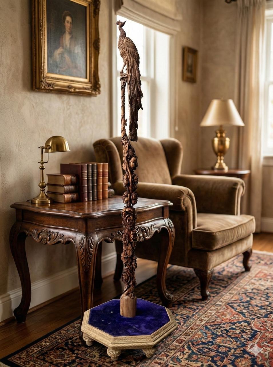 Sandalwood peacock with stick