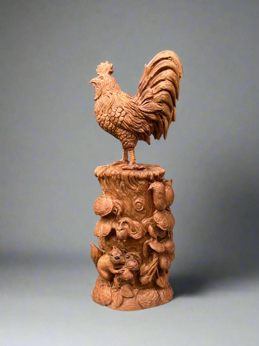 Sandalwood Lucky Chinese Chicken Statue.