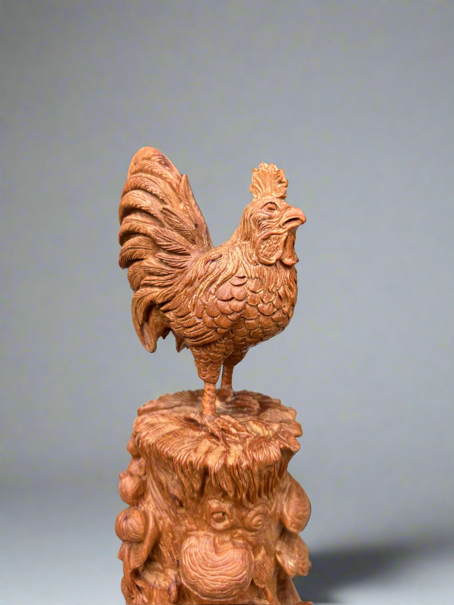 Sandalwood Lucky Chinese Chicken Statue.