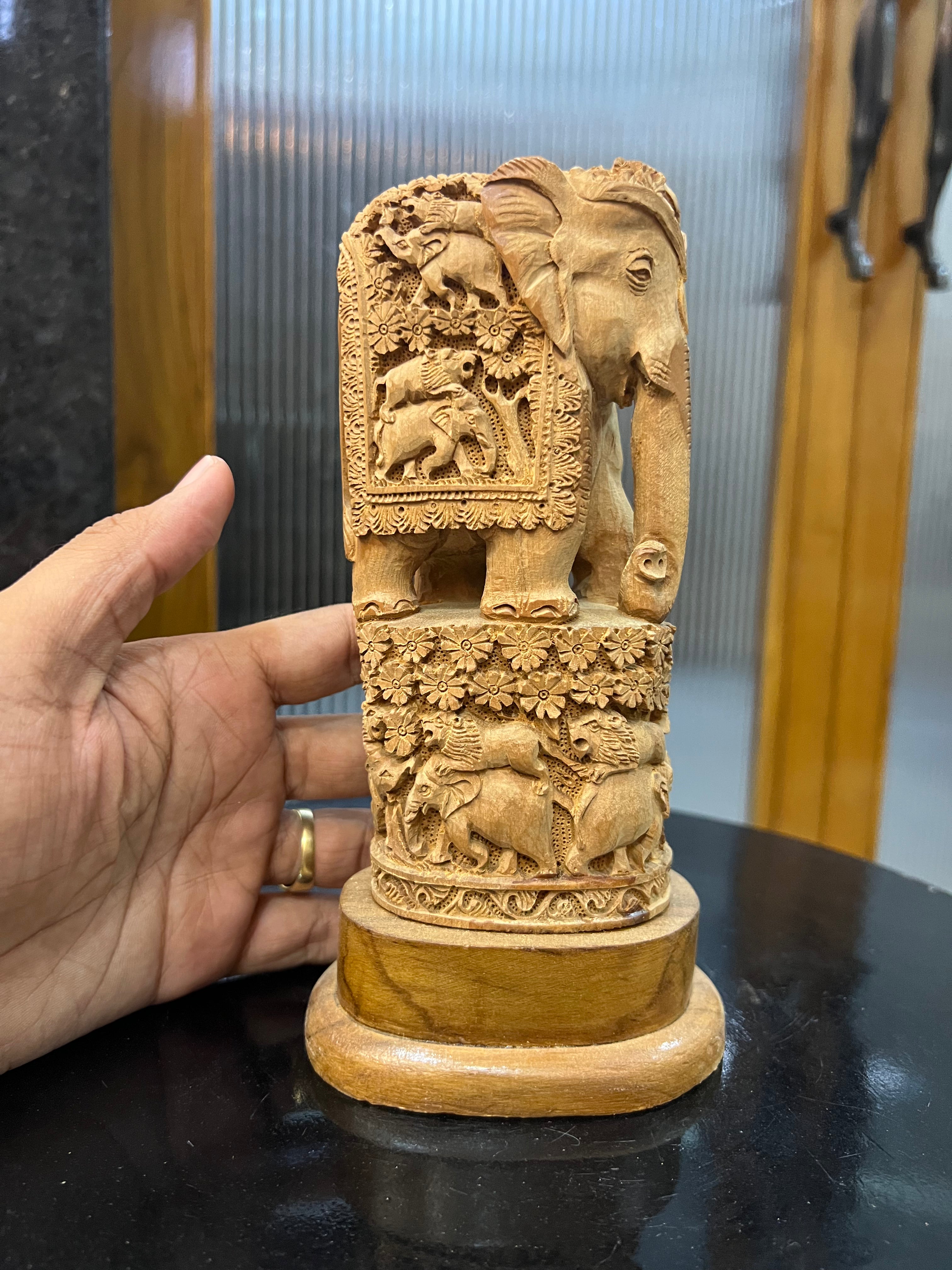 Raw Sandalwood Elephant Carving on Base (8 inches)