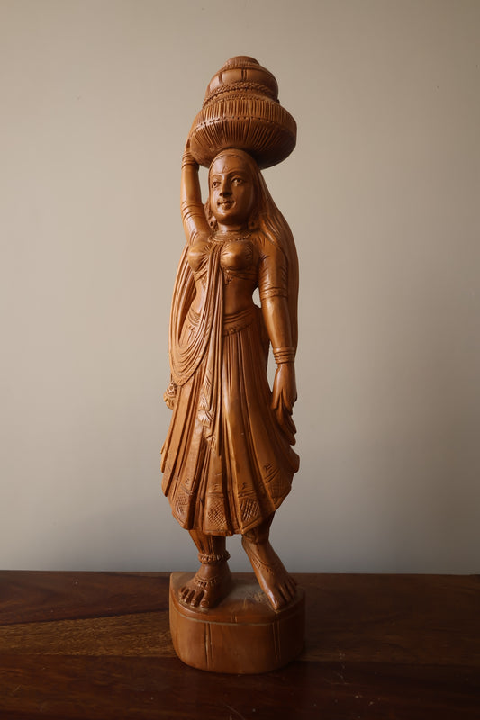 Antique Sandalwood Radha Holding Pot Statue - Malji Arts