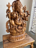 Hand-Carved Sandalwood Ganesha Statue on Lotus Base 32" inch