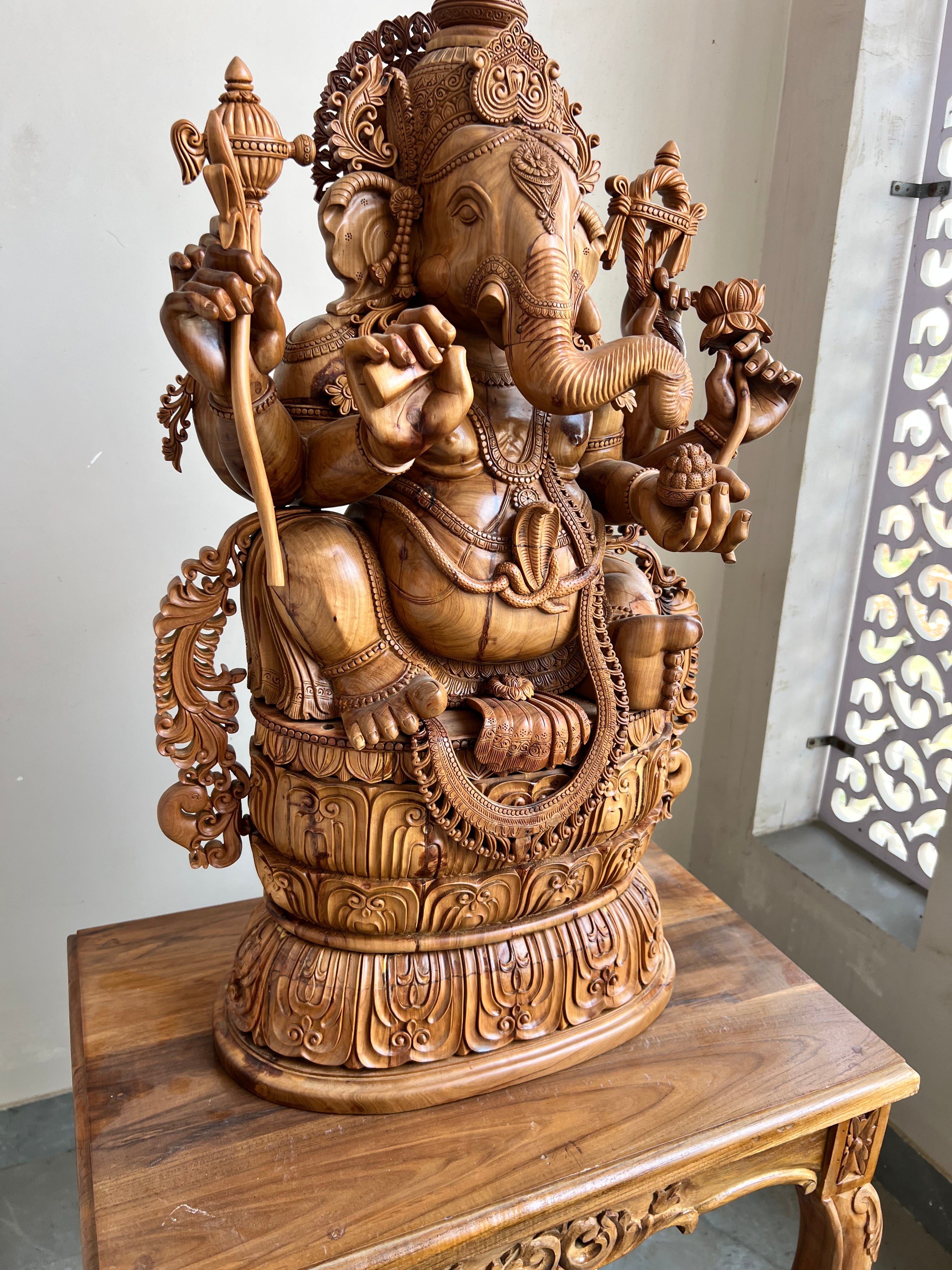 Hand-Carved Sandalwood Ganesha Statue on Lotus Base 32" inch