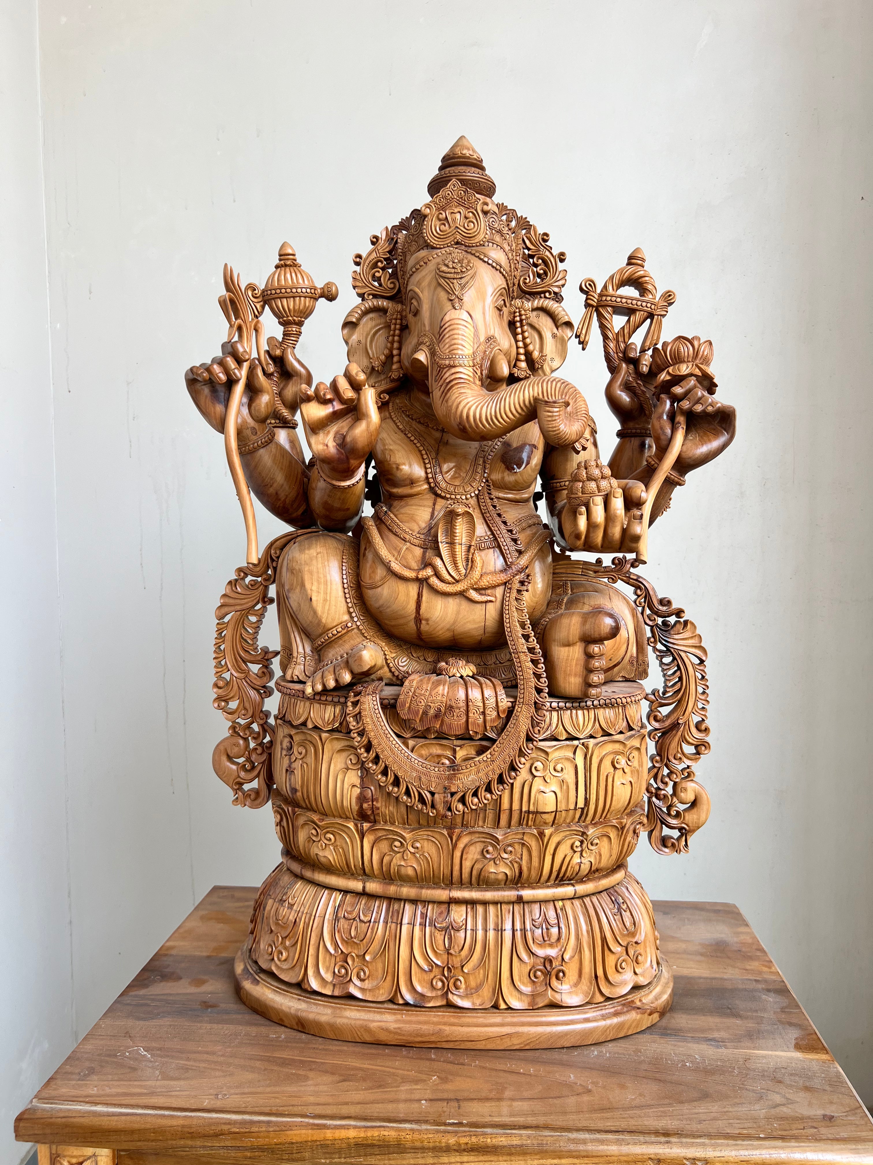 Hand-Carved Sandalwood Ganesha Statue on Lotus Base 32" inch