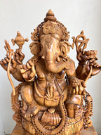 Hand-Carved Sandalwood Ganesha Statue on Lotus Base 32" inch