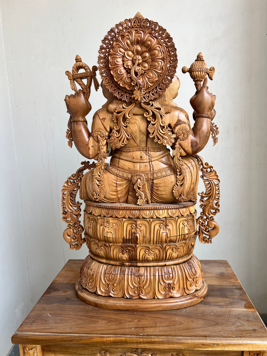 Hand-Carved Sandalwood Ganesha Statue on Lotus Base 32" inch