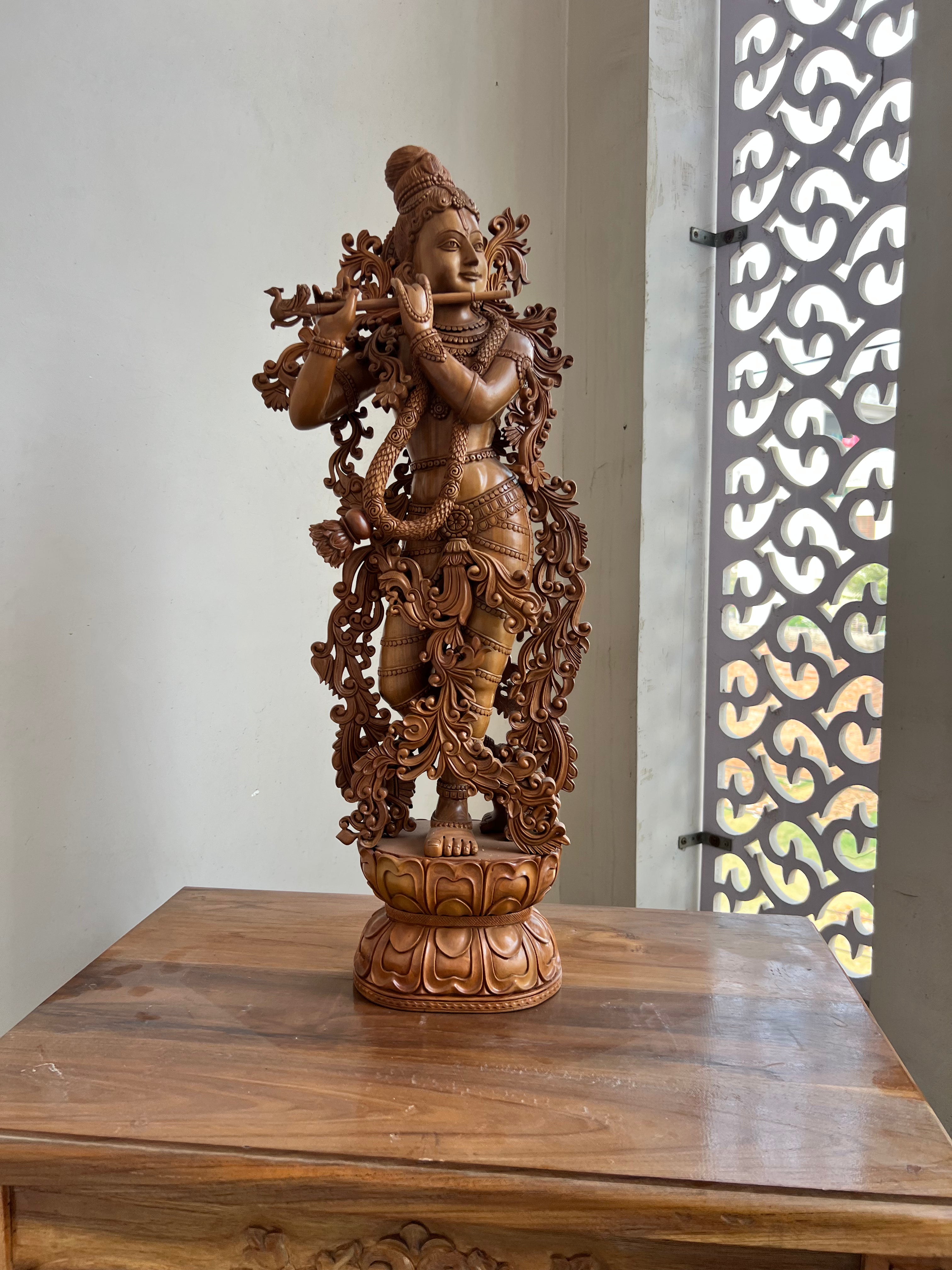 Hand-Carved Sandalwood Krishna Statue (26” Tall)