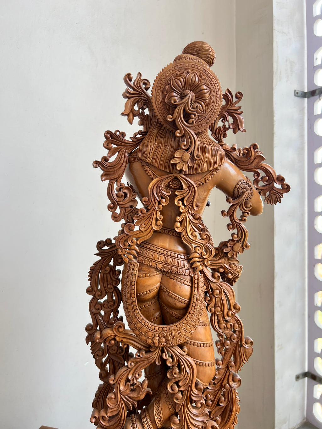 Hand-Carved Sandalwood Krishna Statue (26” Tall)