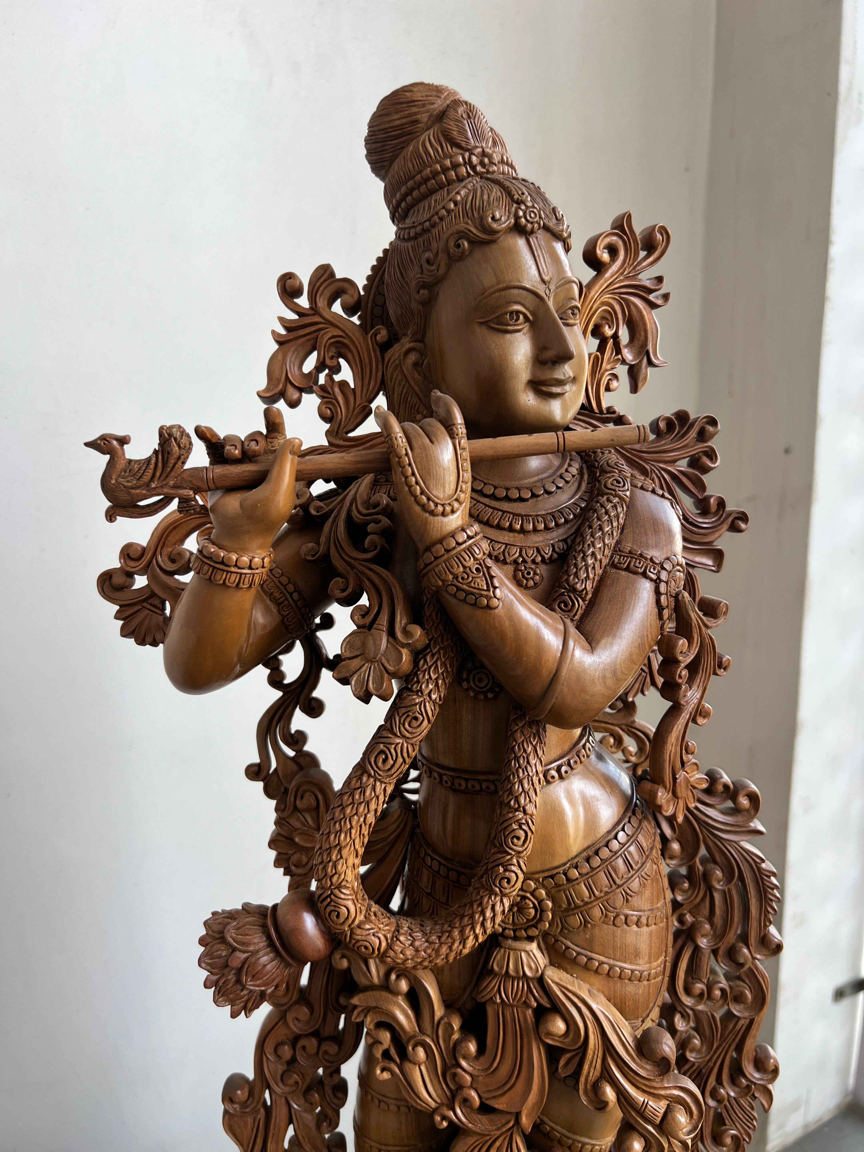 Hand-Carved Sandalwood Krishna Statue (26” Tall)