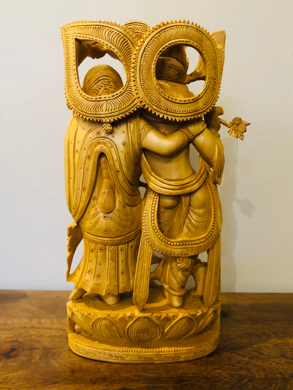 Wooden Beautifully Carved Radha Krishna Statue