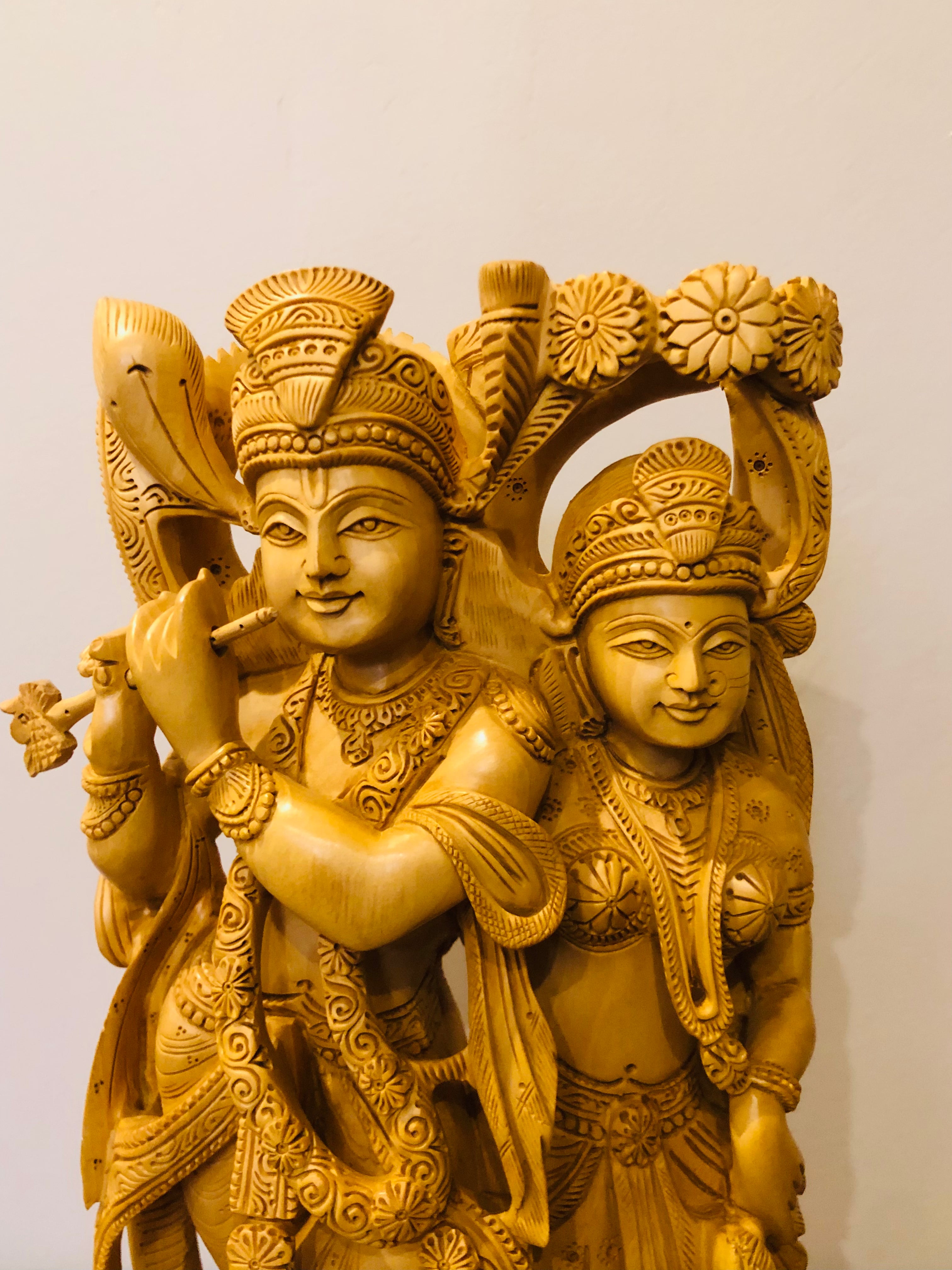 Wooden Beautifully Carved Radha Krishna Statue