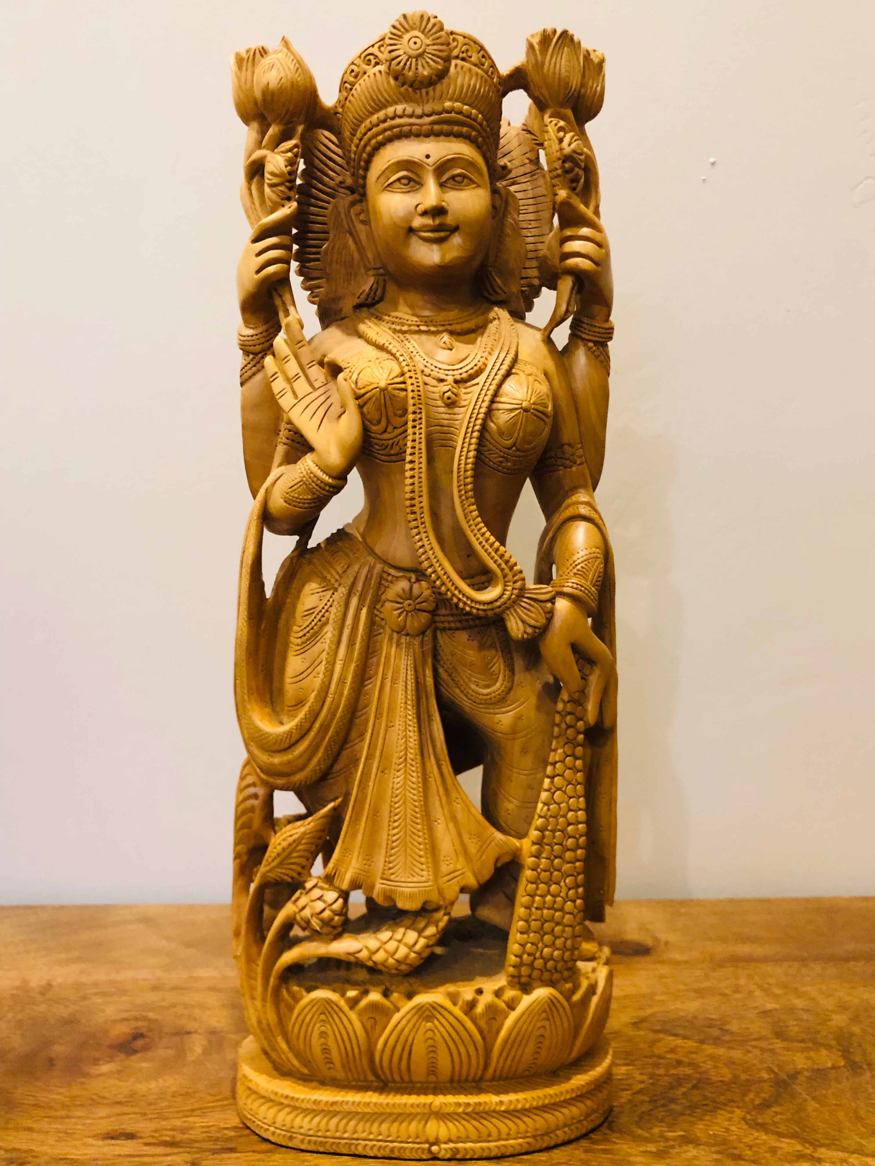 Wooden Fine Hand Carved Laxmi Statue