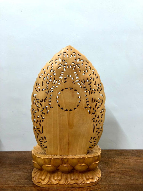 Beautifully Carved Wooden Jali Buddha Sitting Statue