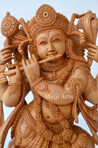 Standing Krishna Statue with Cow Wooden Fine Hand Carved Statue - Arts99 - Online Art Gallery