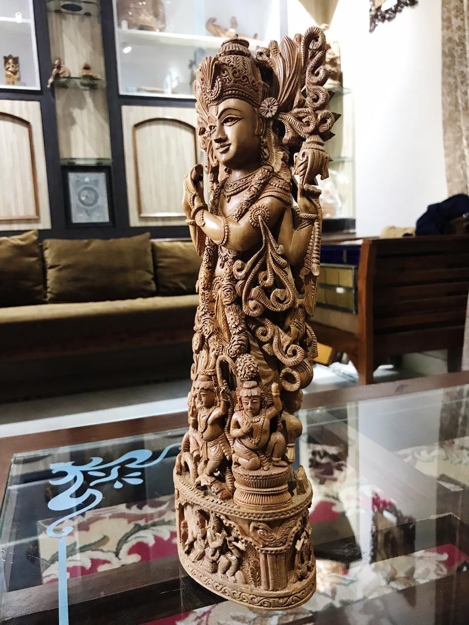 Sandalwood Carved Lord Krishna Statue Collective Art Piece - Arts99 - Online Art Gallery
