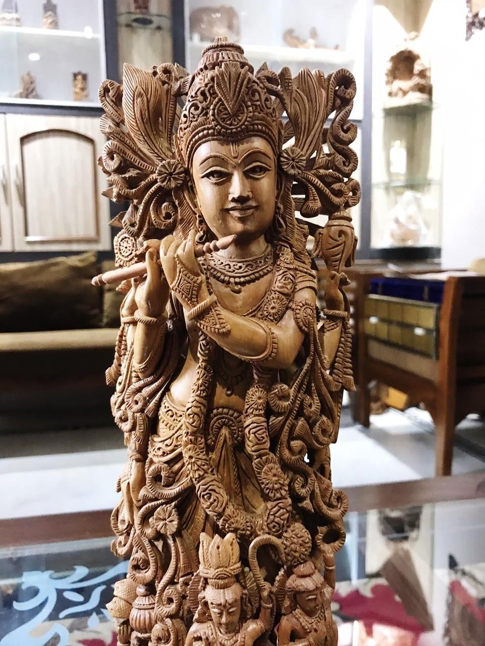 Sandalwood Carved Lord Krishna Statue Collective Art Piece - Arts99 - Online Art Gallery