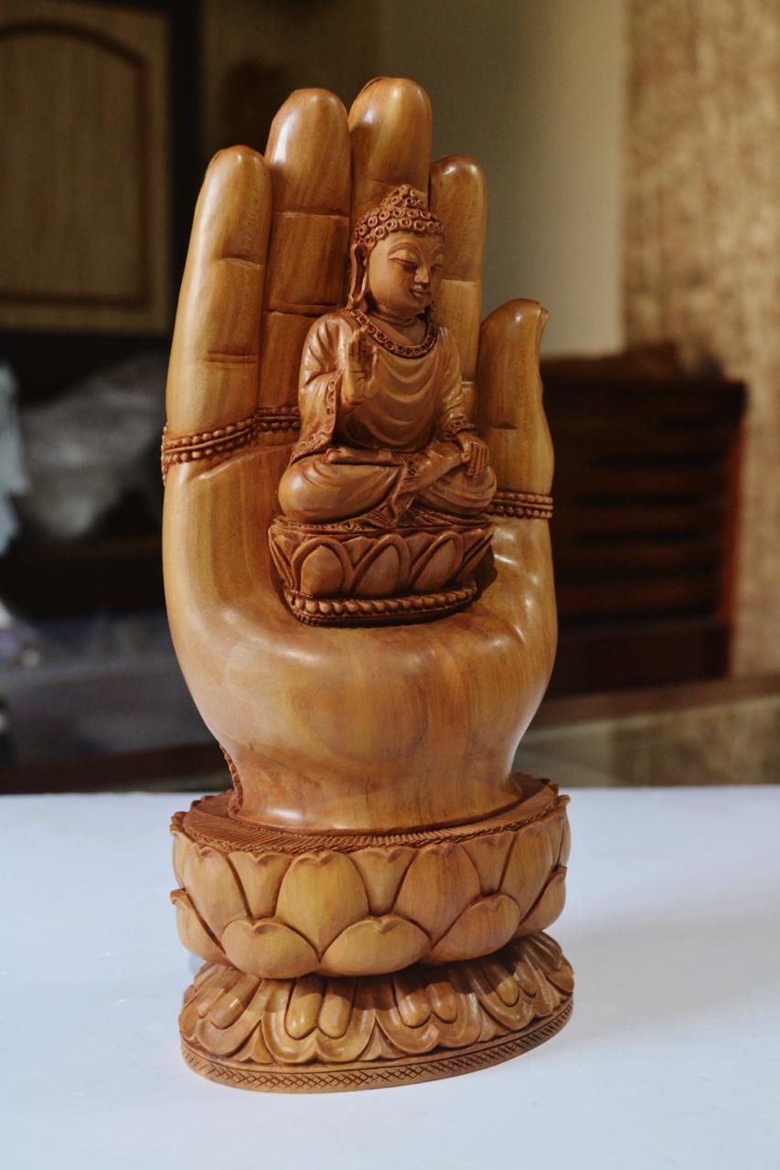 Sandalwood handmade Buddha statue in palm collectible Home Decor Gift - Arts99 - Online Art Gallery