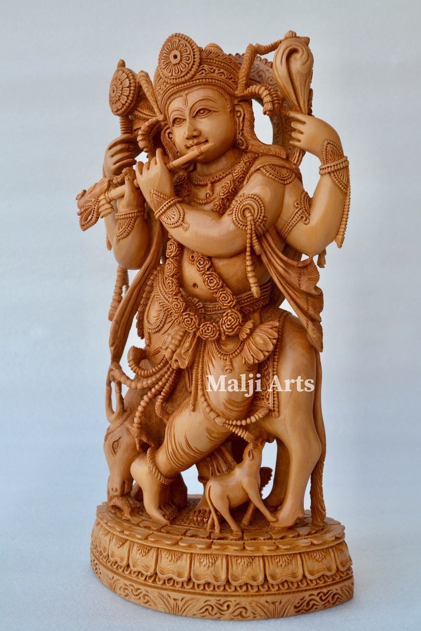 Standing Krishna Statue with Cow Wooden Fine Hand Carved Statue - Arts99 - Online Art Gallery