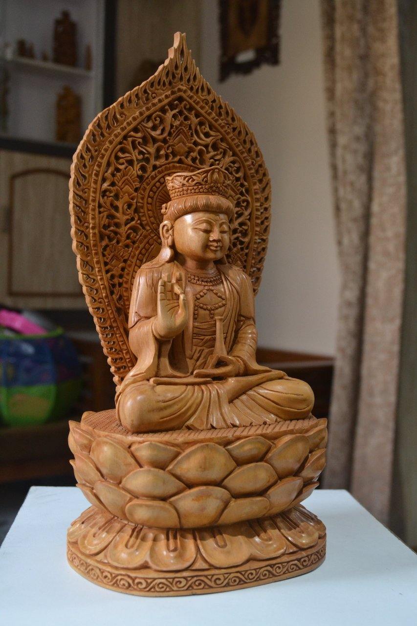 1 ft Beautifully Malji – Wooden Carved Buddha Jali Arts Statue Sitting