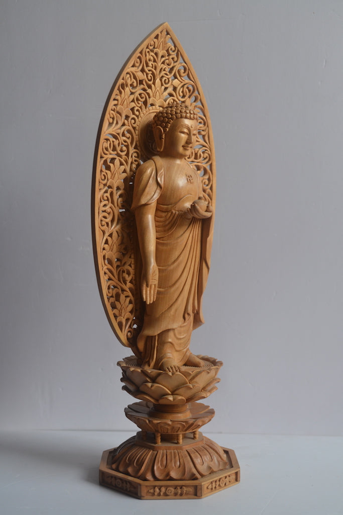 Wooden Fine Hand Carved Buddha Standing with Intricate Jali Work - Arts99 - Online Art Gallery