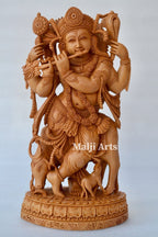 Standing Krishna Statue with Cow Wooden Fine Hand Carved Statue - Arts99 - Online Art Gallery