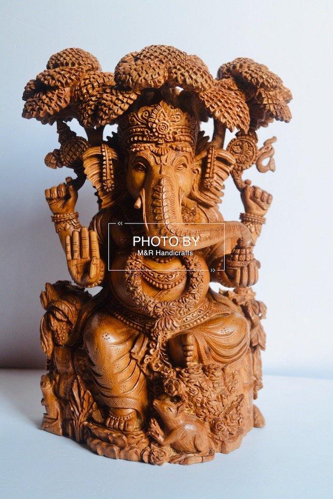 Sandalwood Hand Carved GANESH Under Tree Statue - Arts99 - Online Art Gallery