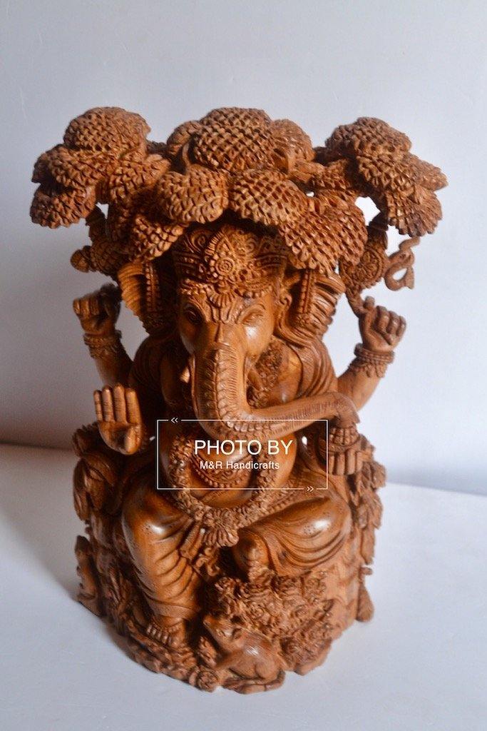 Sandalwood Hand Carved GANESH Under Tree Statue - Arts99 - Online Art Gallery