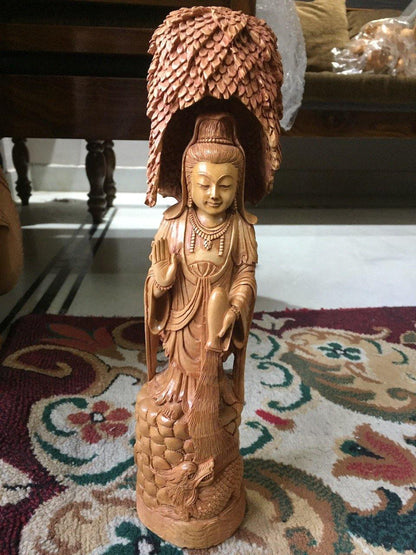 Sandalwood Standing Buddha Statue Under Tree - Malji Arts