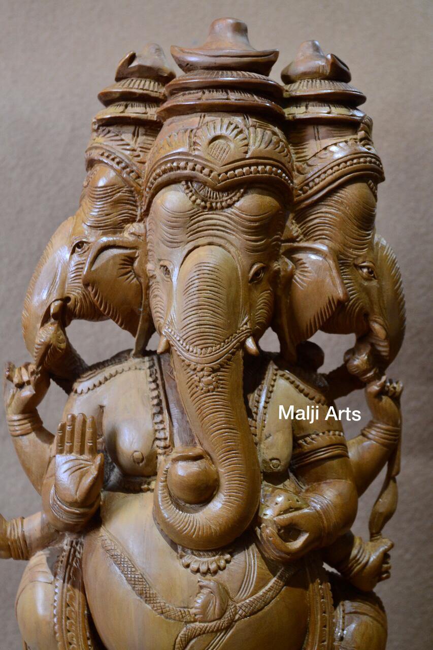 Sandalwood Vintage Large Size 3 Face Rare Ganesha Sitting Statue - Arts99 - Online Art Gallery