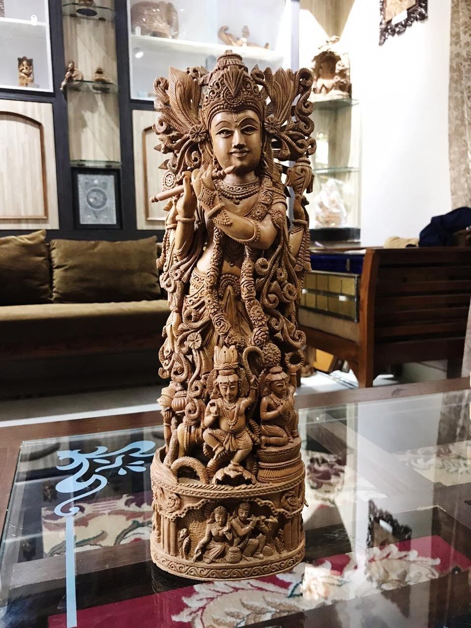 Sandalwood Carved Lord Krishna Statue Collective Art Piece - Arts99 - Online Art Gallery