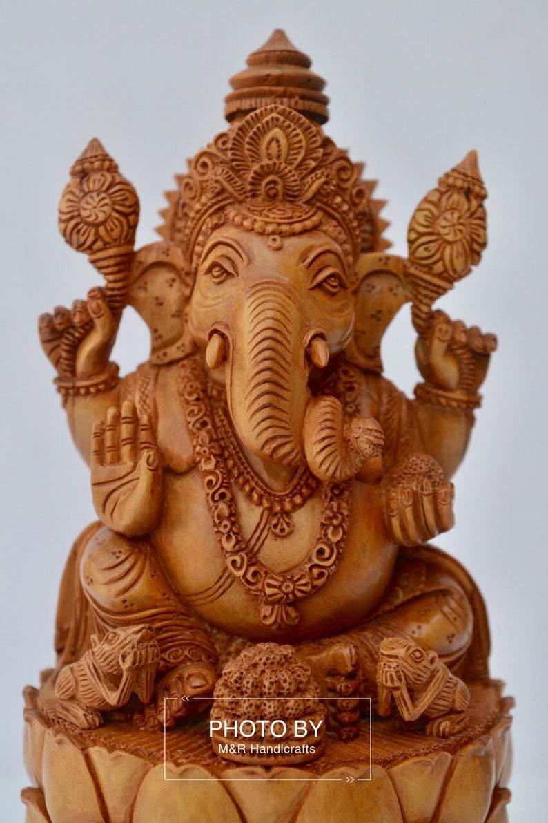 Sandalwood Fine Hand Carved Ganesha Statue on Lotus - Arts99 - Online Art Gallery