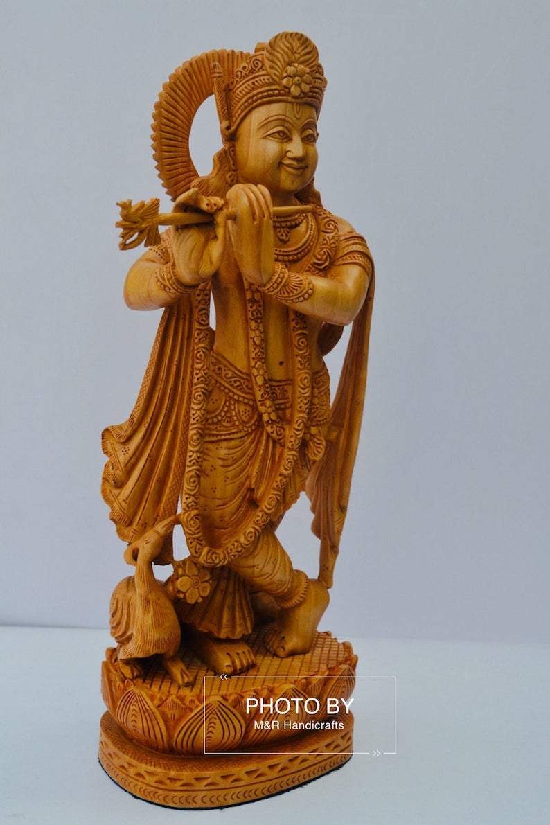 Wooden Very Beautifully Hand Carved Smiling Lord Krishna Statue - Arts99 - Online Art Gallery
