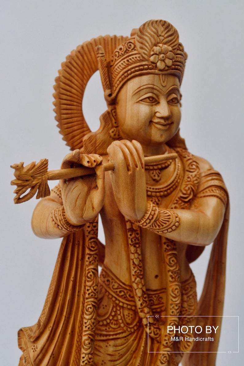 Wooden Very Beautifully Hand Carved Smiling Lord Krishna Statue - Arts99 - Online Art Gallery