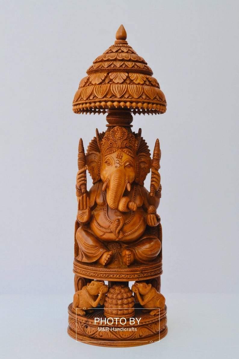 Sandalwood Beautifully Hand Carved Ganesha Chatri or umbrella - Arts99 - Online Art Gallery