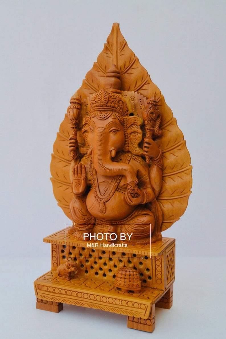 Sandalwood Fine Hand Carved Ganesh Statue on Leaf - Arts99 - Online Art Gallery