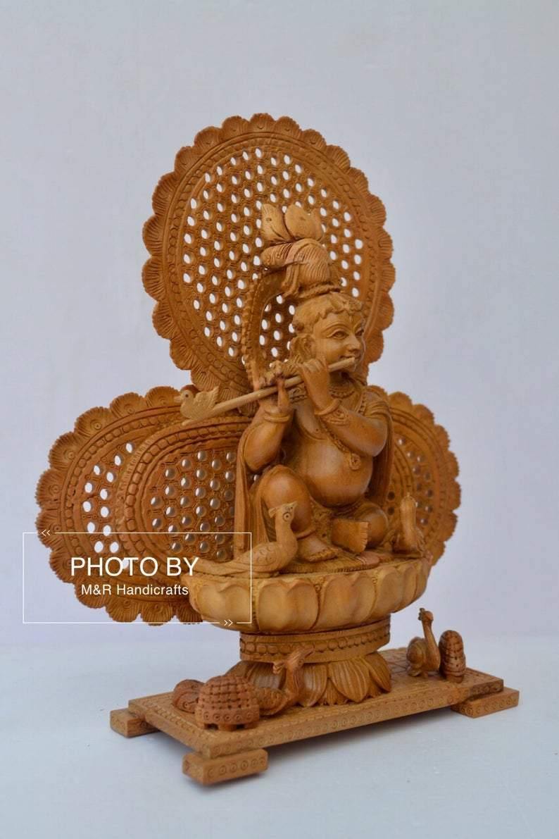 Sandalwood Carved Baby Krishna Statue with Unique Base - Arts99 - Online Art Gallery