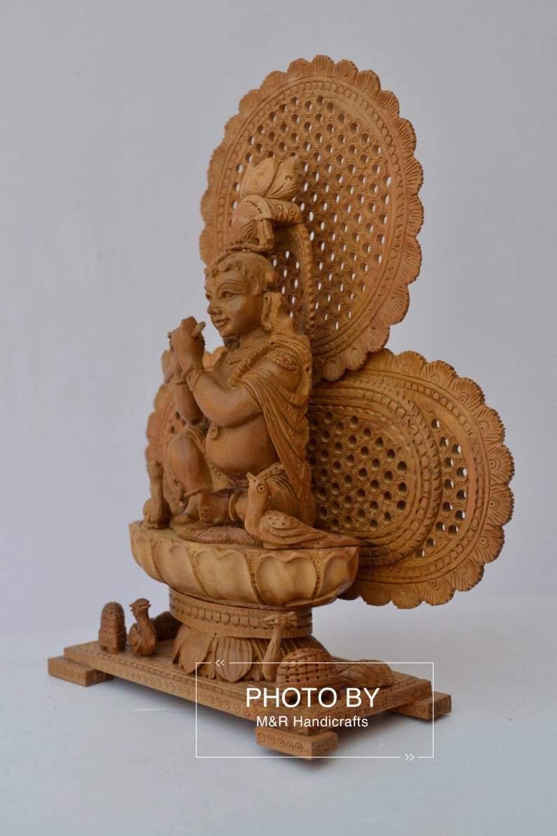 Sandalwood Carved Baby Krishna Statue with Unique Base - Arts99 - Online Art Gallery