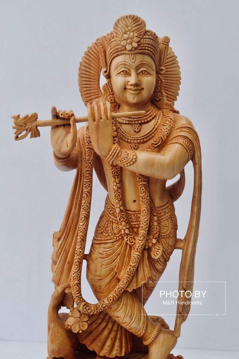 Wooden Very Beautifully Hand Carved Smiling Lord Krishna Statue - Arts99 - Online Art Gallery