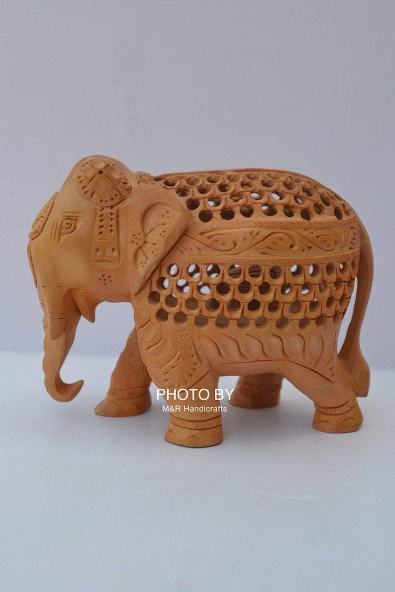 Wooden Fine Hand Carved Jewellery Elephant Under Cut Statue - Arts99 - Online Art Gallery