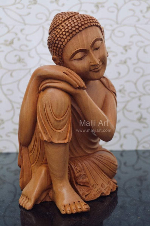 Fine Wood Carved Smiling Resting Buddha Statue - Arts99 - Online Art Gallery