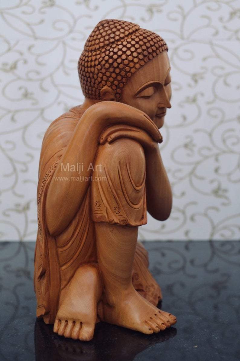 Fine Wood Carved Smiling Resting Buddha Statue - Arts99 - Online Art Gallery