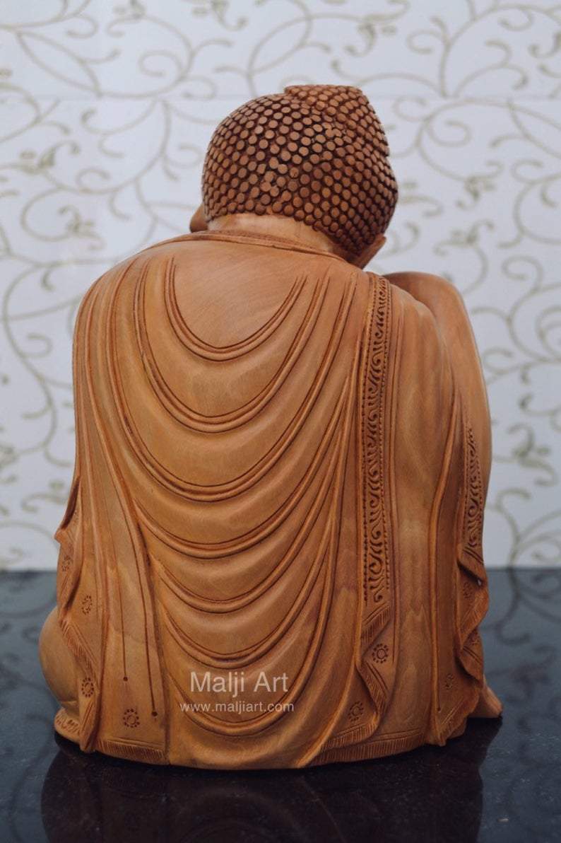 Fine Wood Carved Smiling Resting Buddha Statue - Arts99 - Online Art Gallery