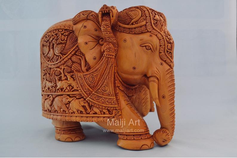 Big Wooden Very Fine Detailed Hand Carved Elephant Statue - Arts99 - Online Art Gallery
