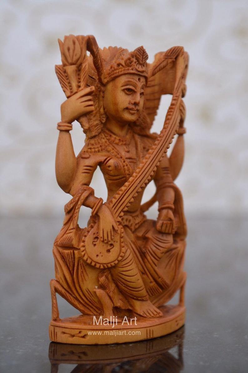 Sandalwood Beautifully Carved Goddess Saraswati Statue - Arts99 - Online Art Gallery
