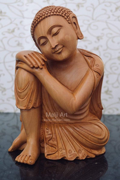 Fine Wood Carved Smiling Resting Buddha Statue - Arts99 - Online Art Gallery